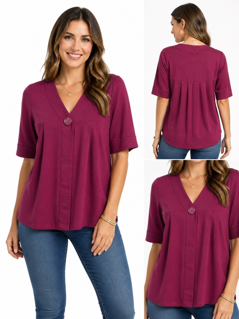 Per Se Wine Color Snap Close Babydoll Style Pleated Half‎ Sleeve Cardigan LARGE